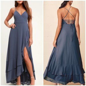 In Love Forever Granite Blue Lace-Up High-Low Maxi Dress Size Small